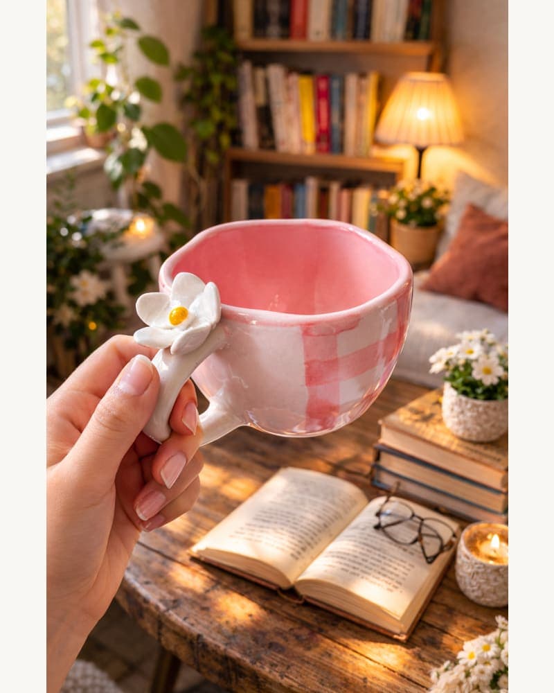 Ceramic Daisy Mug | Handmade Mug | Aesthetic Cute Mug | Pink Mug