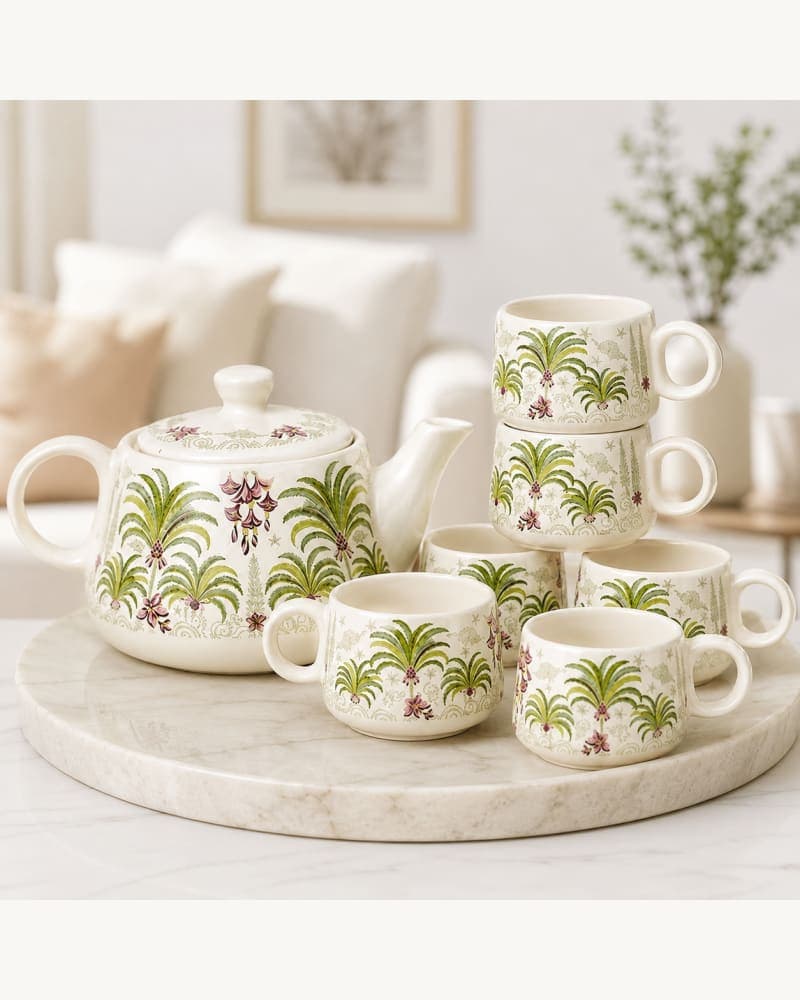 Tropical Tea Set | Ceramic Kettle & 6 Cups | Botanical Tea Set | Floral Tea Set | Gift Tea Set